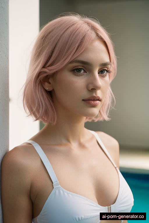 white average built young-adult woman with medium boobs and pink hair of shoulder length, splitting legs in pool, wearing harness, with shaved pussy