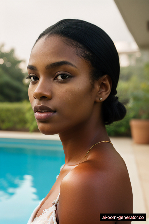 black average built young-adult woman with medium boobs and blonde hair of shoulder length, splitting legs in pool, wearing naked, with shaved pussy