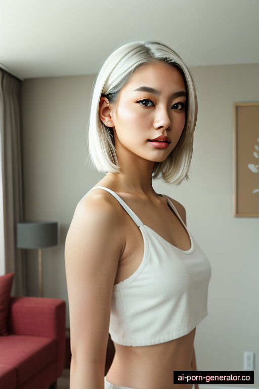 japanese athletic young-adult woman with medium boobs and white hair of shoulder length, bending over in living room, wearing crop top, with shaved pussy