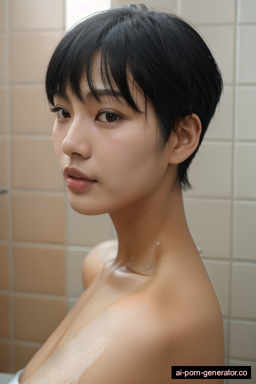 korean average built young-adult woman with large boobs and black hair of pixie cut length, bending over in shower, wearing naked, with shaved pussy