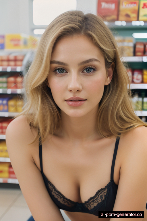 russian skinny adult woman with small boobs and blonde hair of shoulder length, lying down in supermarket, wearing lingerie, with shaved pussy