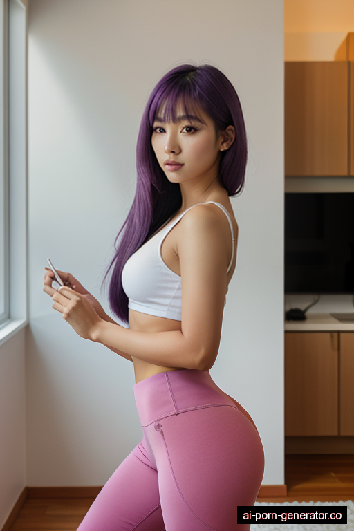 south-east asian average built young-adult woman with medium boobs and purple hair of shoulder length, standing in living room, wearing yoga pants, with shaved pussy