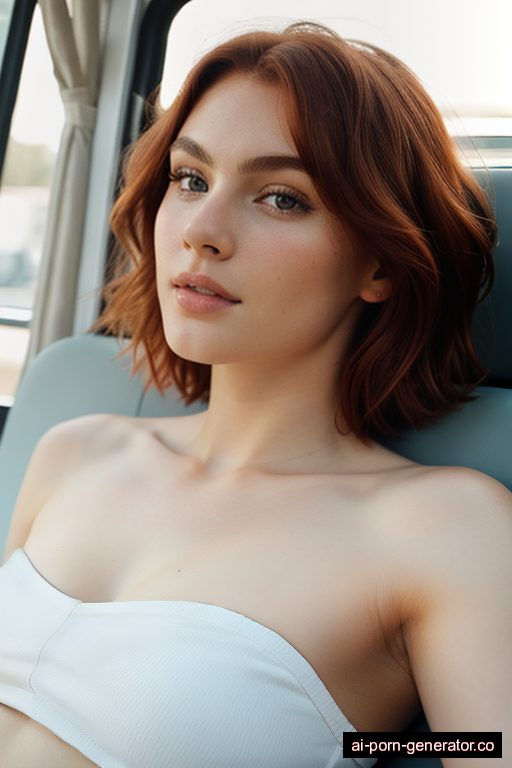 white athletic young-adult woman with medium boobs and red hair of shoulder length, lying down in camper van, wearing naked, with shaved pussy