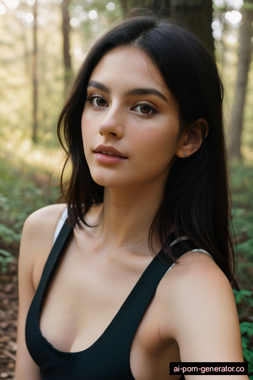 white skinny young-adult woman with small boobs and dark hair of shoulder length, lying down in forest, wearing harness, with shaved pussy