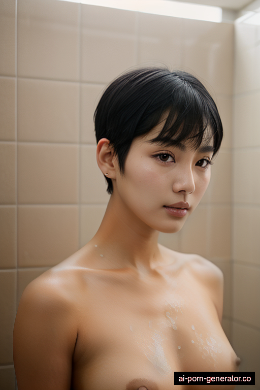 korean average built young-adult woman with large boobs and black hair of pixie cut length, splitting legs in shower, wearing naked, with shaved pussy