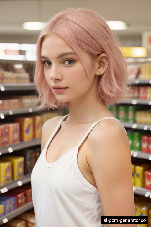 white athletic young-adult woman with small boobs and pink hair of shoulder length, splitting legs in supermarket, wearing skirt, with shaved pussy