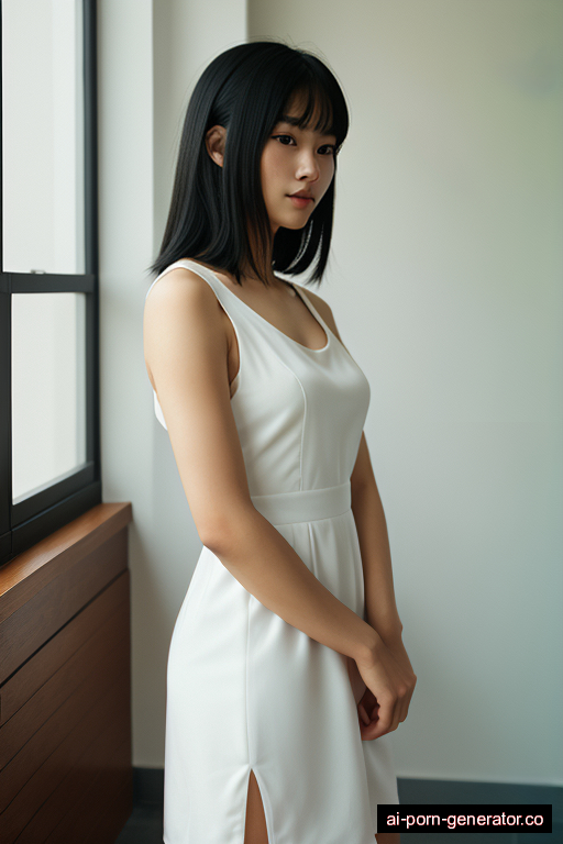 chinese athletic young-adult woman with small boobs and black hair of shoulder length, standing in bedroom, wearing dress, with shaved pussy