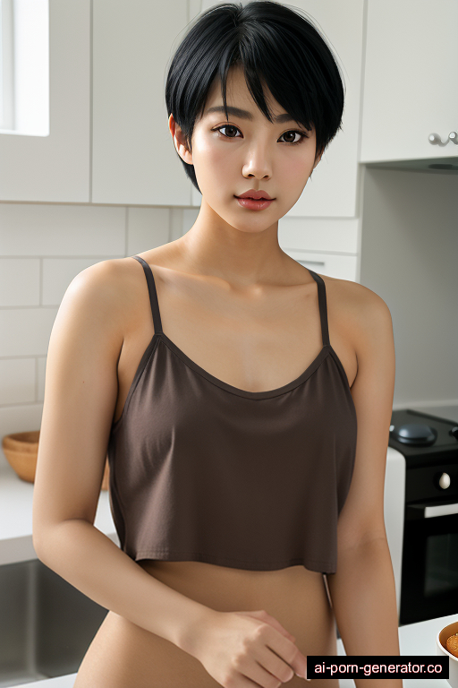 korean average built young-adult woman with large boobs and black hair of pixie cut length, splitting legs in kitchen, wearing skirt, with shaved pussy