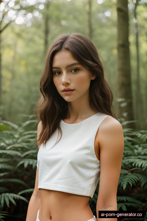 white skinny young-adult woman with small boobs and blonde hair of shoulder length, splitting legs in forest, wearing crop top, with shaved pussy