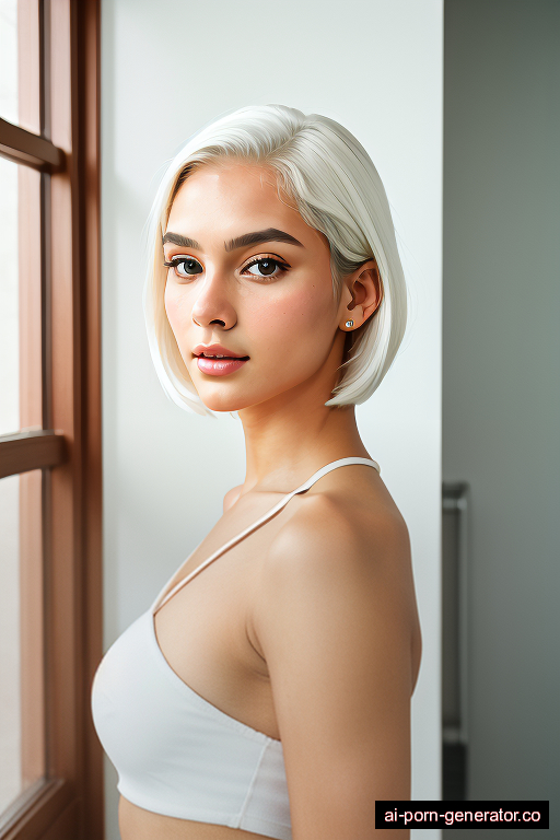 brazilian athletic young-adult woman with medium boobs and white hair of shoulder length, standing in changing room, wearing skirt, with shaved pussy