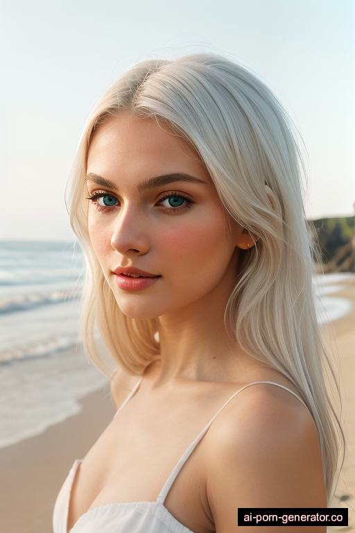 russian average built young-adult woman with medium boobs and white hair of shoulder length, standing in beach, wearing swimsuit, with shaved pussy