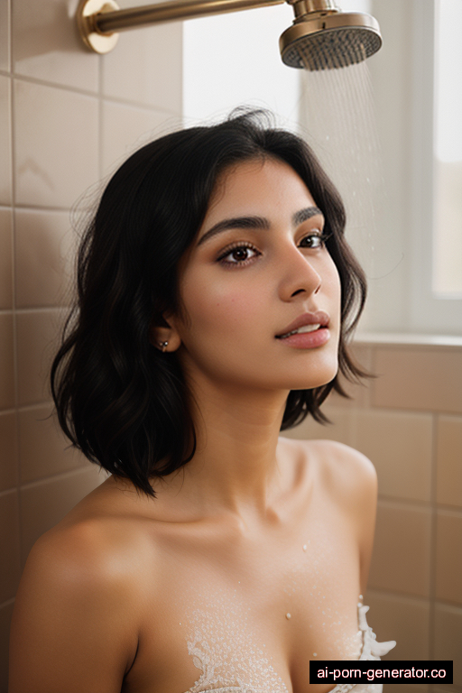 middle eastern athletic young-adult woman with medium boobs and dark hair of shoulder length, splitting legs in shower, wearing naked, with shaved pussy