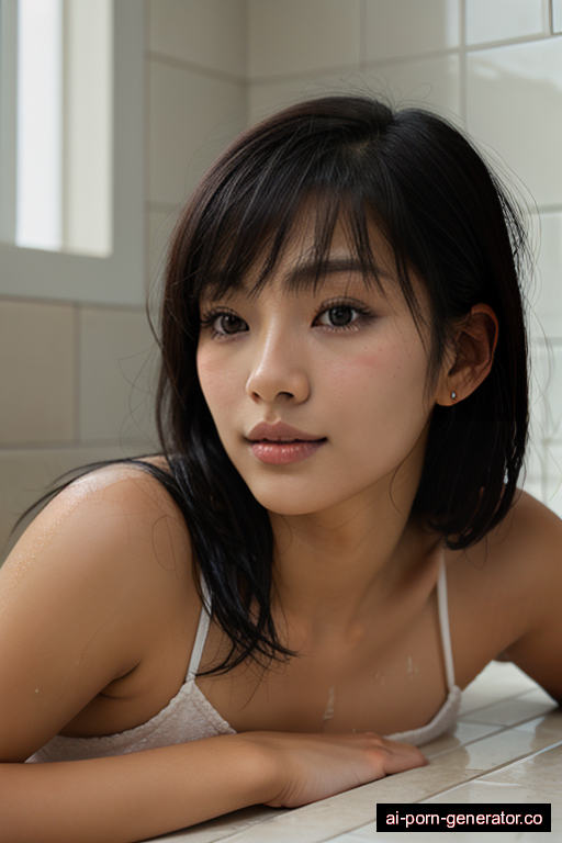 japanese average built young-adult woman with small boobs and dark hair of shoulder length, lying down in shower, wearing swimsuit, with shaved pussy