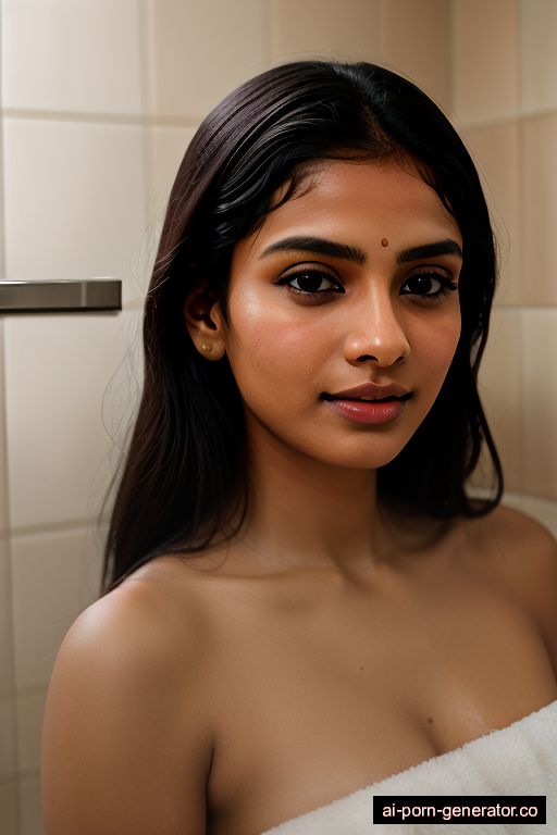 indian skinny young-adult woman with small boobs and dark hair of shoulder length, splitting legs in shower, wearing bra only, with shaved pussy