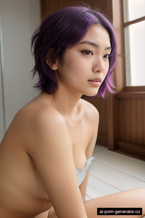 japanese average built young-adult woman with medium boobs and purple hair of shoulder length, lying down in changing room, wearing naked, with shaved pussy