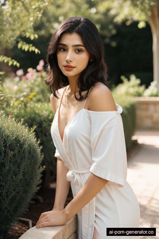 middle eastern skinny young-adult woman with small boobs and dark hair of shoulder length, splitting legs in garden, wearing bathrobe, with shaved pussy