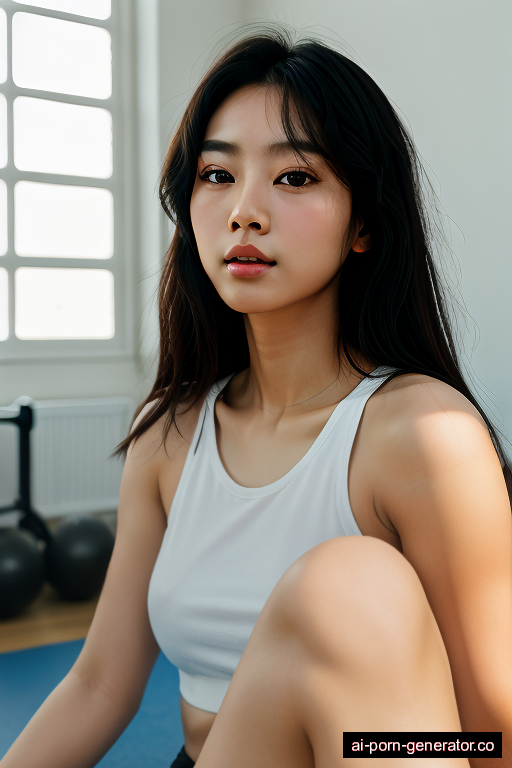 korean athletic young-adult woman with small boobs and dark hair of shoulder length, lying down in gym, wearing skirt, with shaved pussy