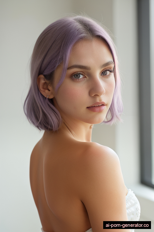 white skinny young-adult woman with medium boobs and purple hair of shoulder length, standing in classroom, wearing lingerie, with shaved pussy