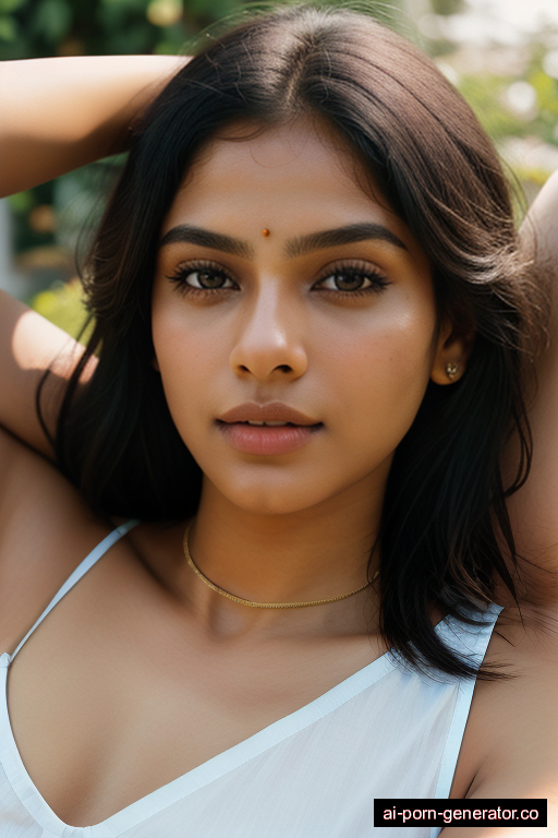 indian athletic young-adult woman with small boobs and white hair of shoulder length, lying down in garden, wearing harness, with shaved pussy