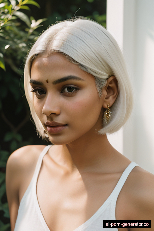 indian athletic young-adult woman with small boobs and white hair of shoulder length, bending over in garden, wearing naked, with shaved pussy