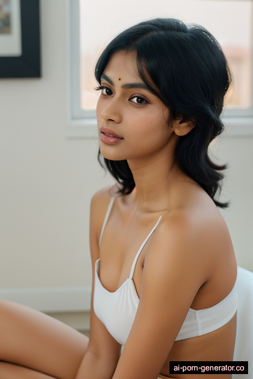 indian athletic young-adult woman with small boobs and black hair of shoulder length, sitting in classroom, wearing panties only, with shaved pussy