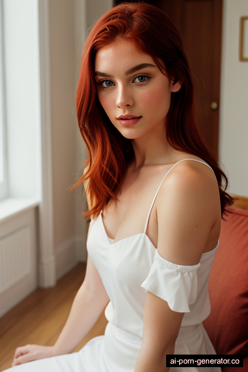 white athletic young-adult woman with medium boobs and red hair of shoulder length, sitting in bedroom, wearing bra only, with shaved pussy