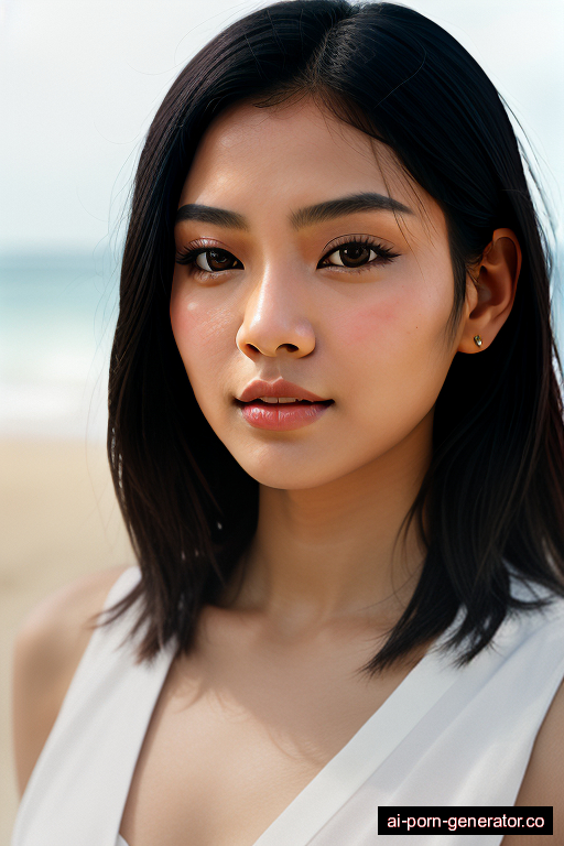 south-east asian average built young-adult woman with medium boobs and black hair of shoulder length, splitting legs in beach, wearing bathrobe, with shaved pussy