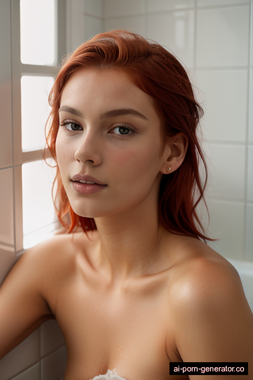 scandinavian skinny young-adult woman with medium boobs and red hair of shoulder length, lying down in shower, wearing naked, with shaved pussy