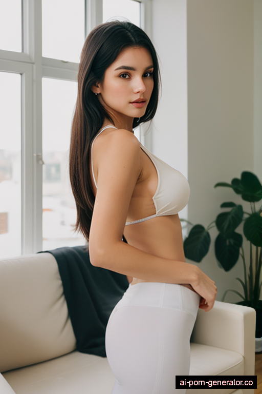 white athletic teen woman with medium boobs and dark hair of shoulder length, standing in living room, wearing yoga pants, with shaved pussy