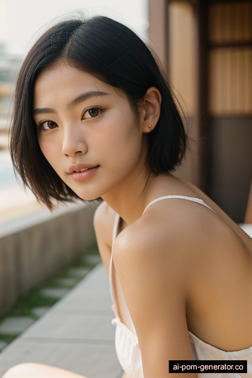 japanese average built young-adult woman with small boobs and dark hair of shoulder length, sitting in beach, wearing naked, with shaved pussy