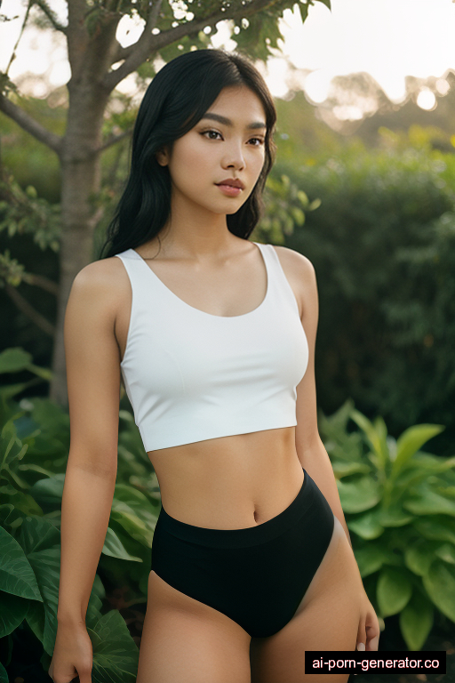 filipino athletic young-adult woman with medium boobs and black hair of shoulder length, splitting legs in garden, wearing crop top, with shaved pussy