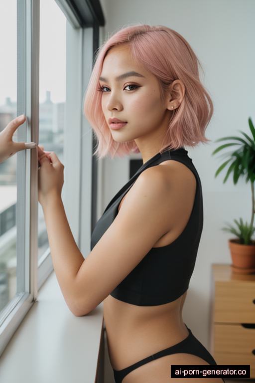 indonesian athletic young-adult woman with small boobs and pink hair of shoulder length, bending over in office, wearing harness, with shaved pussy