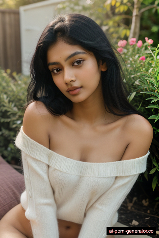 indian skinny teen woman with small boobs and black hair of shoulder length, lying down in garden, wearing sweater, with shaved pussy