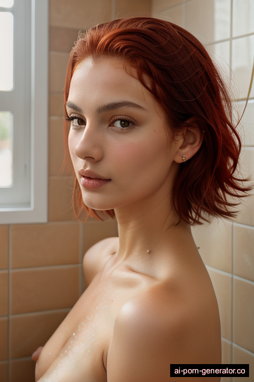 italian skinny young-adult woman with small boobs and red hair of shoulder length, bending over in shower, wearing naked, with shaved pussy