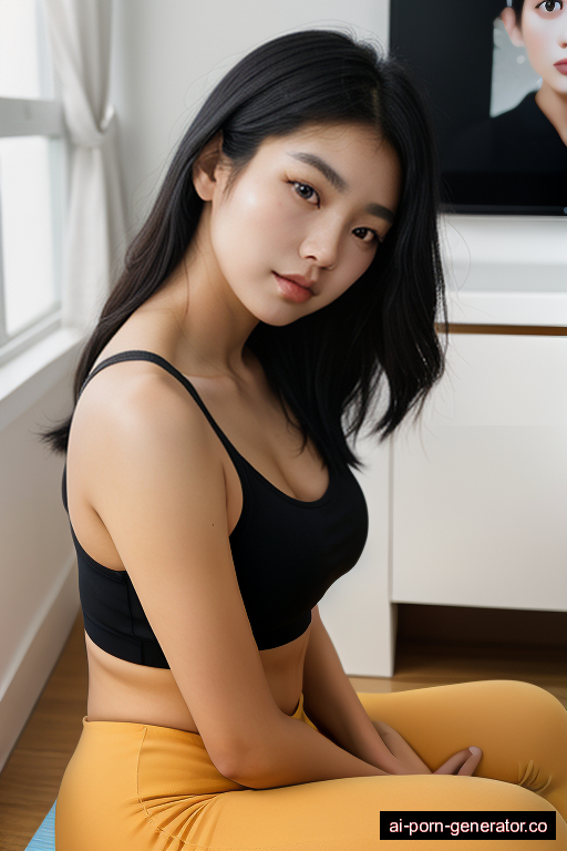 korean athletic young-adult woman with medium boobs and black hair of shoulder length, sitting in living room, wearing yoga pants, with shaved pussy