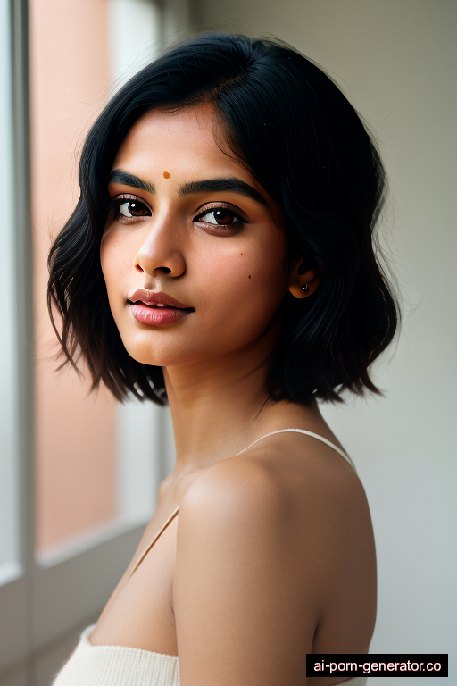 indian skinny young-adult woman with medium boobs and black hair of shoulder length, splitting legs in classroom, wearing sweater, with shaved pussy