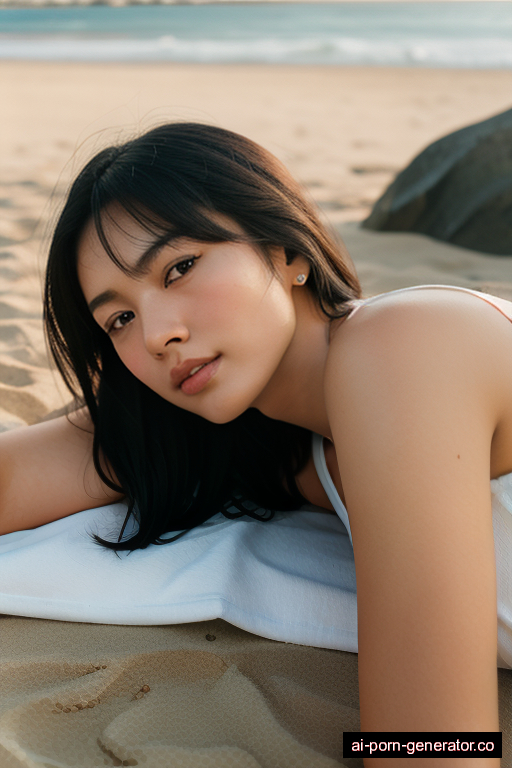 japanese athletic young-adult woman with medium boobs and dark hair of shoulder length, lying down in beach, wearing naked, with shaved pussy