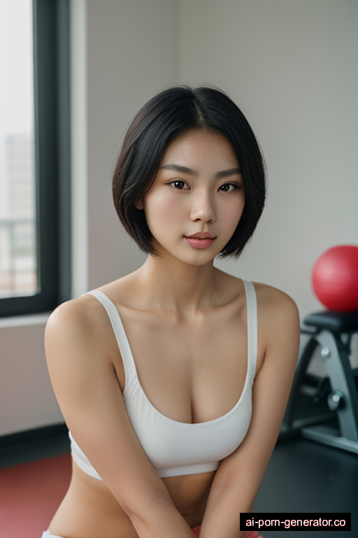 chinese average built young-adult woman with small boobs and dark hair of shoulder length, sitting in gym, wearing naked, with shaved pussy