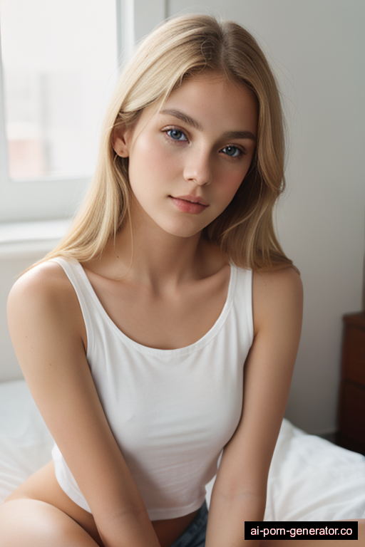 white skinny teen woman with small boobs and blonde hair of shoulder length, sitting in bedroom, wearing t-shirt, with shaved pussy