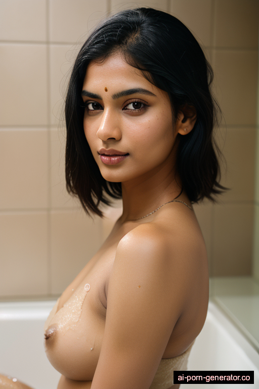 indian average built young-adult woman with medium boobs and dark hair of shoulder length, bending over in shower, wearing naked, with shaved pussy