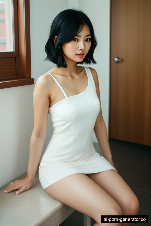 south-east asian average built young-adult woman with medium boobs and black hair of shoulder length, sitting in changing room, wearing dress, with shaved pussy