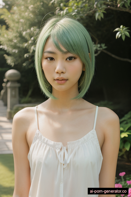 japanese skinny young-adult woman with small boobs and green hair of shoulder length, standing in garden, wearing naked, with shaved pussy