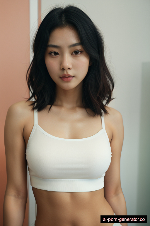 korean athletic young-adult woman with medium boobs and dark hair of shoulder length, splitting legs in changing room, wearing crop top, with shaved pussy