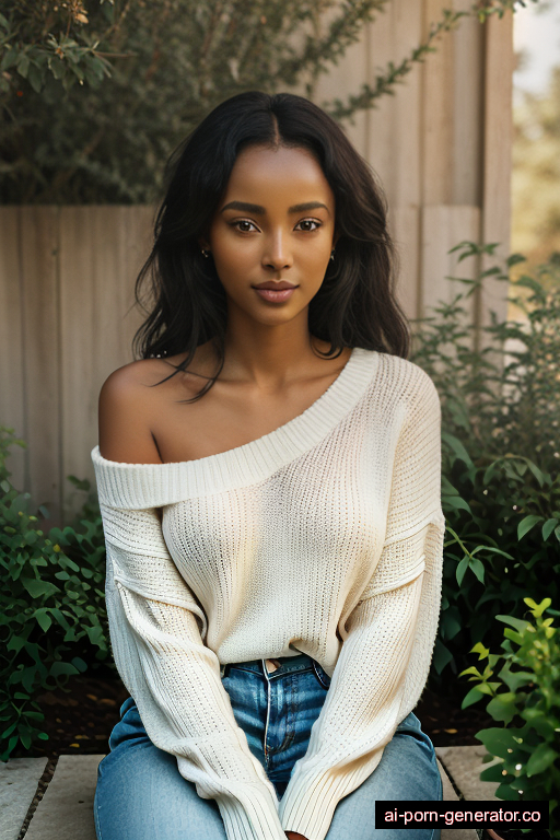 ethiopian skinny adult woman with medium boobs and black hair of shoulder length, sitting in garden, wearing sweater, with shaved pussy