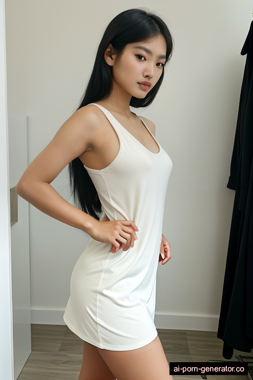 south-east asian athletic young-adult woman with small boobs and black hair of shoulder length, splitting legs in changing room, wearing dress, with shaved pussy