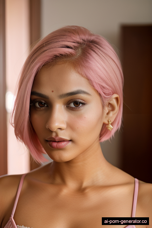 indian average built young-adult woman with medium boobs and pink hair of shoulder length, bending over in bedroom, wearing naked, with shaved pussy