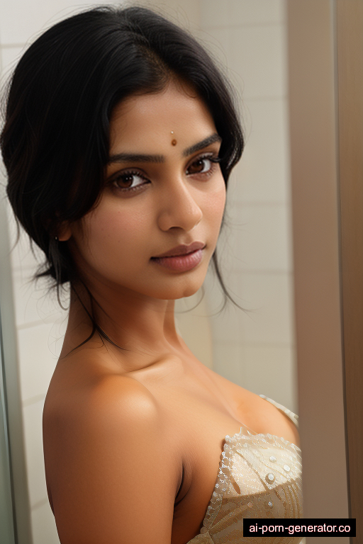 indian skinny young-adult woman with medium boobs and dark hair of shoulder length, splitting legs in shower, wearing naked, with shaved pussy