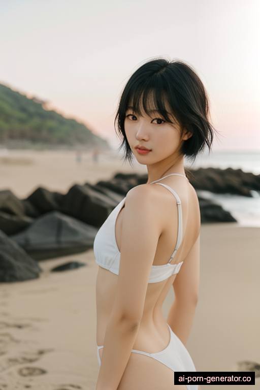 korean average built young-adult woman with medium boobs and black hair of shoulder length, standing in beach, wearing swimsuit, with shaved pussy