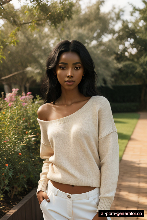 ethiopian skinny young-adult woman with small boobs and black hair of shoulder length, splitting legs in garden, wearing sweater, with shaved pussy