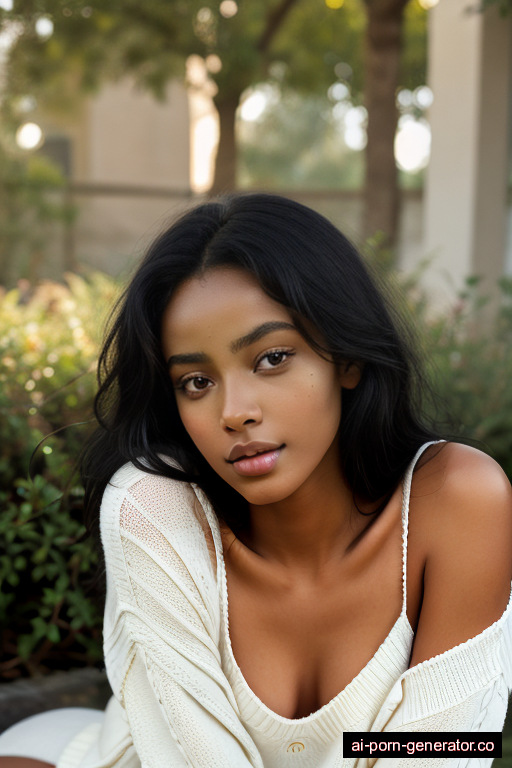 ethiopian skinny teen woman with small boobs and black hair of shoulder length, lying down in garden, wearing sweater, with shaved pussy